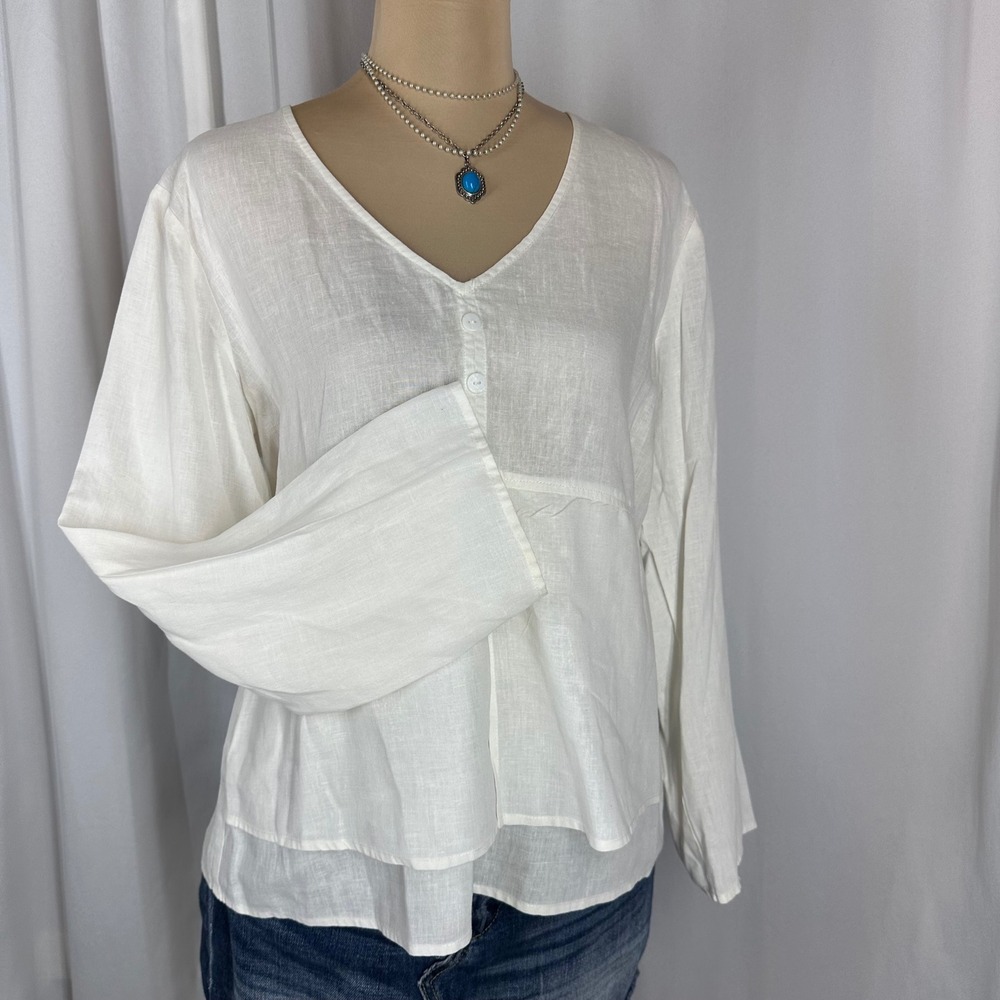 Orvis Hemp Tencel White Tunic Top‎ Size S Button Front Boho Blouse